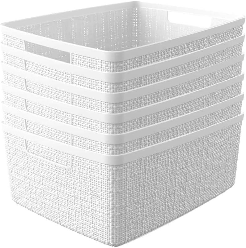 Curver Set of 6 Medium 12L Jute Decorative Plastic Organization and Storage Baskets - Perfect Bins for Home Office, Closet Shelves, Kitchen Pantry and All Bedroom Essentials, White