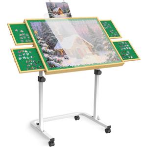 Jigsaw Puzzle Table 1500 Pieces,Adjustable Height&Up Puzzle Table with draswers and Cover,Puzzle Tables for Adults with Drawers, for Puzzle Doer（Green Color