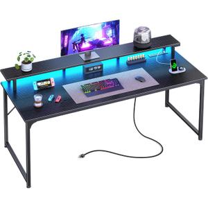 PRAISUN 55 inch Gaming Desk, LED & Power Outlets, Monitor Stand, Black