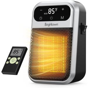 Brightown 800W Plug in Heater with Remote - Outlet Space Heater with Touch LED Display, Small Electric Wall Heaters for Indoor Use with Adjustable Thermostat and 12H Timer for Bathroom Office Bedroom (Silver)