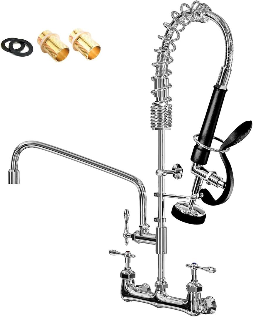 Commercial Sink Faucet,Commercial Faucet with Sprayer Adjustable Center Wall Mounted Restaurant Faucets,12" Spout andPull-Down Pre-Rinse 25 Height Suitable for 1, 2 or 3 Sinks