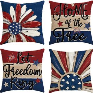 AVOIN colorlife Let Freedom Ring Stars Fireworks Red White Flower Throw Pillow Covers, 16 x 16 Inch 4th of July Patriotic Independence Memorial Day USA Flag Cushion Case for Sofa Couch Set of 4 (Bule)
