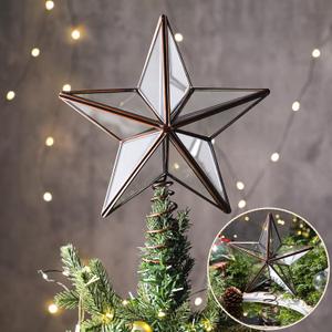 Gejoy 9.8 Inch Glass Star Christmas Tree Topper, Farmhouse Treetop Ornament, Rustic Holiday Xmas Christmas Tree Decorations for Home(Silver, Glass Star)