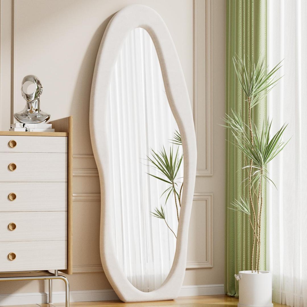 Full Length Mirror, 63" x 24"Irregular Mirror, Large Floor Length Mirrors Wall Mounted, Standing Mirrors with Flannel Wrapped Wooden Frame for Bedroom/Living Room, White