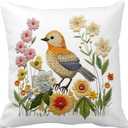 Leaveland Bird Wildflower Faux Embroidery Print 18x18 Inch Throw Pillow Cover Boho Farm Animal Embroidered Floral Decorative Cushion Case Spring Summer Christmas Home Room Decor Gift Flower Pillowcase