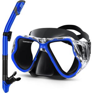Greatever Dry Snorkel Set,Panoramic Wide View Anti-Fog Scuba Diving Mask,Professional Snorkeling Gear for Adults Kids (Small, Black Blue)