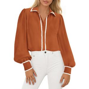 PRETTYGARDEN Womens Long Sleeve Button Down Shirts 2026 Trendy V Neck Loose Fit Fall Tops Collared Dressy Casual Blouses (M)