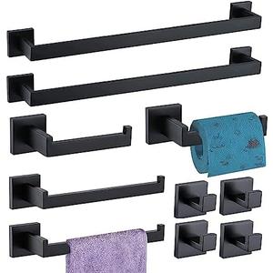 10-Pieces Bathroom Hardware Set Matte Black Bathroom Accessories Set SUS304 Towel Bar Set Includes 2 Towel Bar 23.6 Inch+2 Towel Holder+2 Toilet Paper Holder+4 Towel Hook (10, Matte Black)