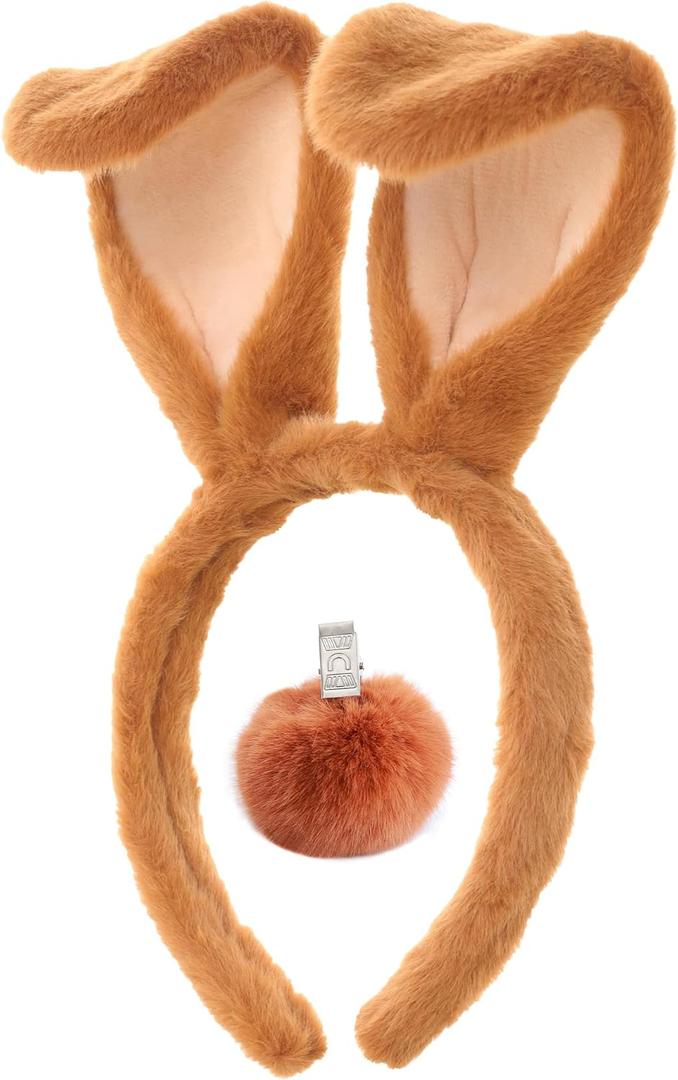 CHEU Easter Bunny Headband and tail with rabbit ears costume (brown)