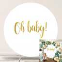 Round Backdrop Cover Oh Baby 7.2ft,White Round Backdrop Cover Gold Oh Baby Sign for Photography Baby Shower,Birthday Party Decorations Gender Reveal Pregnancy Party Photo Studio Props