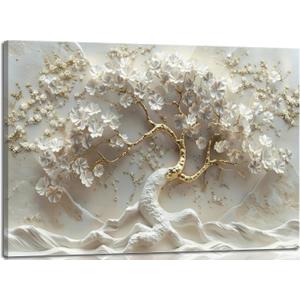 Large Tree of Life Canvas Wall Art Gold and White Big Tree Painting Picture Wall Decor Bright Botanical Floral Poster Print Artwork for Living Room Dining Bedroom Home 39x19 in