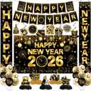 New Years Decorations 2026,Happy New Years Eve Party Supplies Gold and Black Nye Party Decorations With Backdrop Door Banner Hanging Swirls Honeycomb Balloon