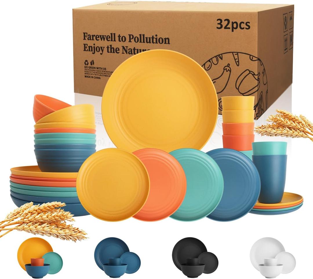 Wrova Wheat Straw Dinnerware Set of 32, Unbreakable Dinner Plates and Bowls Dishes Sets Service for 8,Dishwasher Safe Dinnerware Sets for Kitchen and Camping. Vibrant Series