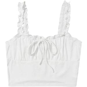 Verdusa Women's Frill Trim Strap Tie Knot Ruched Front Bustier Crop Top (White, M)