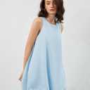 Summer Bubble Mini Dress for Women Sleeveless Crew Neck Causal Short Dress Tie Back Solid Tank Sundress with Pockets Blue (Blue, L)