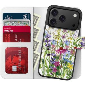LUHOURI for iPhone 17 Pro Max Case Wallet - Wireless Charging Compatible Detachable Flip Folio Leather Cover - RFID Blocking 4 Card Slots - Protective Phone Case for Women - Blooming Wildflowers
