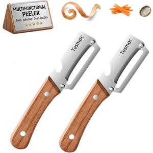 Multifunctional Vegetable Peeler for Kitchen, 2 Pack Stainless Steel Veggie Peeler Knife with Wooden Handle & Bottle Opener for Potato, Cucumber, Orange, Pineapple (2)