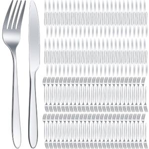 Nuenen 150 Pcs Stainless Steel Set 75 Dinner Forks and 75 Knives, Metal Steak Knives Forks Flatware Tableware Cutlery Set for Home Restaurant(Silver,8.4 x 0.7 Inch,7.1 x 1 Inches)