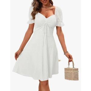 Women's Boho 2025 Summer Mini Dress, Summer Short Puff Sleeve Mini Dress Drawstring Neck, L