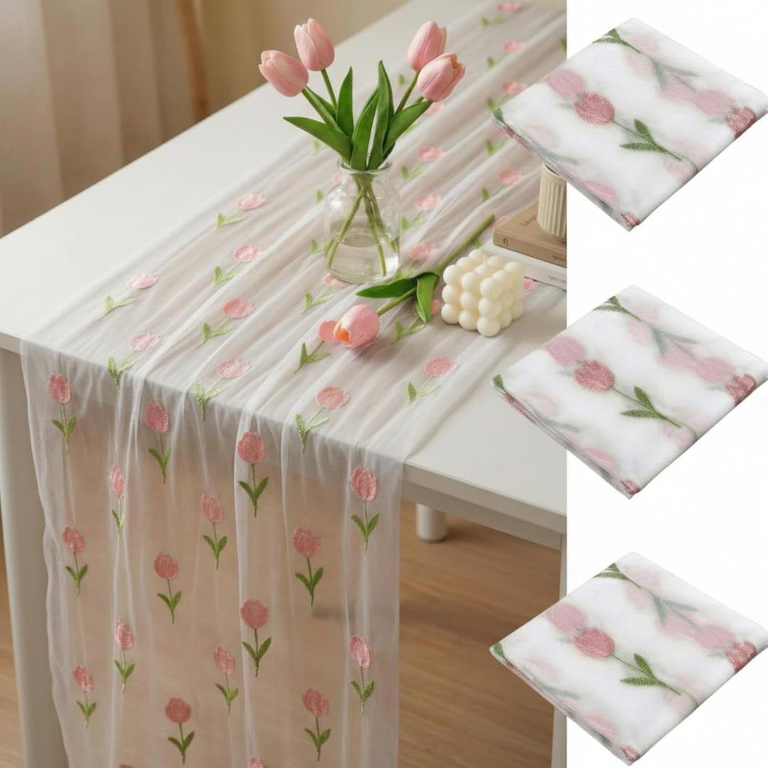 3 Pcs Pink Floral Tulip Table Runner 10ft Gauze Embroidery Tulip Sheer Floral Tulle Easter Lace Table Runner for Wedding Bridal Baby Shower Holiday Dining Decor DIY