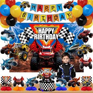 Monster Truck Birthday Party Decorations Racing Balloon Arch kit Happy Birthday Banner Monster Truck Honeycomb Centerpieces Hanging Swirls Backdrop Cake Topper