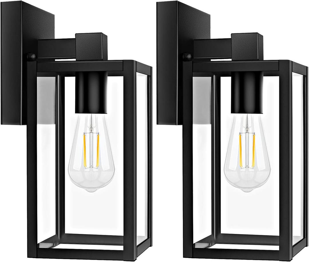 Brightever 2-Pack Outdoor Wall Lantern, Exterior Waterproof Wall Sconce Light Fixtures, Black Outside Wall Lights with Clear Glass for House, Porch, Front Door, Garage, Patio, Bulbs Not Included (9.1 Inch)