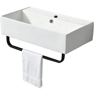 Wall Mounted Ceramic Vessel Sink White with Towel Rack and Overflow, Modern Above Counter Bathroom Vanity Sink Large Rectangular Porcelain Art Wash Basin for Rvs, Restroom, 21.8 inches x 12.4 inches x 5.3 inches