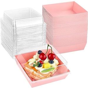 Kucoele Small Charcuterie Boxes with Clear Lids, To Go Paper Dessert Boxes Bakery Boxes, 5 Inches Disposable Food Containers for Cookies, Cupcakes, Slice Cakes, Strawberries (Pink), Amount Unknown