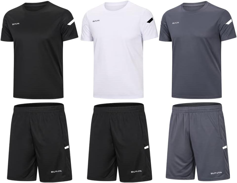 BUYJYA Men's Workout Clothes Athletic Shorts Shirt Set 3 Pack Basketball Football Training Running Gym Christmas gifts (X-Large, 3pack(black/White/Grey))