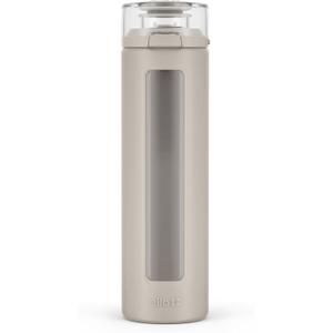 Ello Syndicate 20oz Reusable Glass Water Bottle with One-Touch Leak Proof Flip Lid, Protective Non-Slip Silicone Sleeve, Carry Loop for Coffee, Tea and Water, BPA-free, Dishwasher Safe, Sand