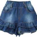 Girls Denim Shorts 2 Layers Ruffles Lace Kids Baby Workout Fashion Skirt Shorts Summer Beach Sports Short Pants (5-6 Years, Dark Blue)