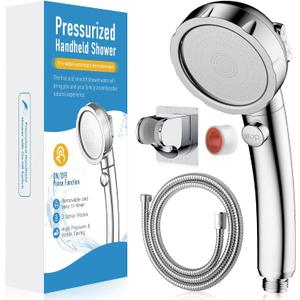 High Pressure Shower Head with Handheld, On Off Shower for RV with Stop Button and 3 Modes, Detachable Water Saving Shower Head with Hose and Self-Adhesive Bracket (Chrome)