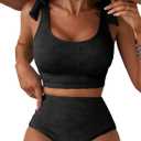 Herseas Women 2 Piece High Waisted Bikini Sets Seashell Textured Tie Strap Swimsuits Bathing Suit Beach Summer Outfits (Medium, Black)