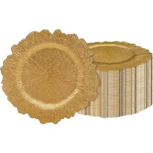 JEVERGN 40 Pack Gold Charger Plates Bulk, 13'' Reef Chargers for Dinner Plates, Gold Plate Chargers Set of 40, Round Plastic Charger for Wedding, Party Event, Dinner, Table Setting
