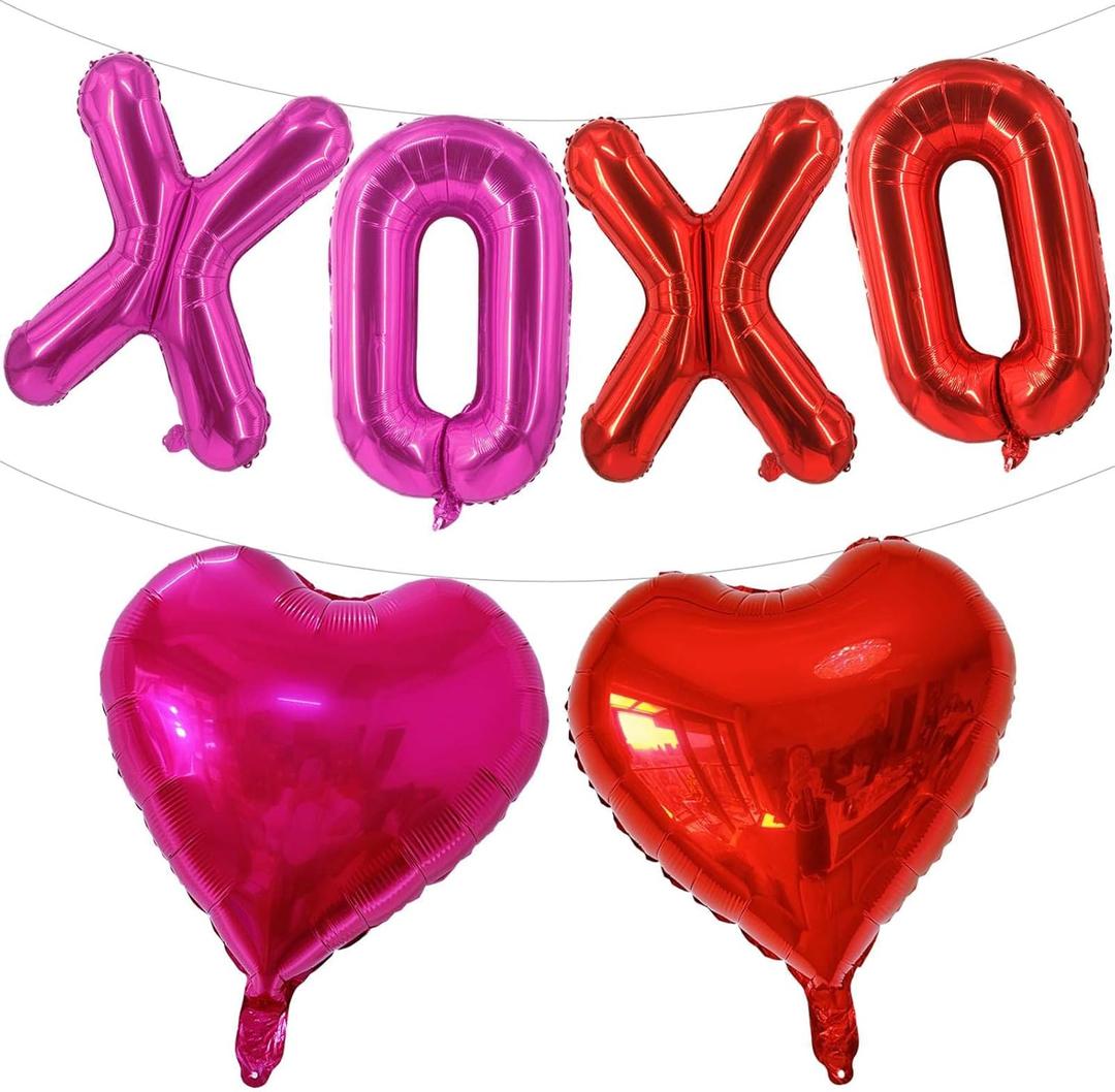 16 Inch Red XO Pink XO Red Heart Balloons, 6 Pcs Letters XOXO Balloons Red Heart Balloons Banner for Valentine's DAY Wedding Ceremonies Party Decorations Red XOXO