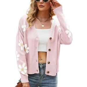 ebossy Womens Ribbed Knit Cardigans Slouchy Cute Smile Graphic Pretty Daisy Button-up Jacquard Knitted Sweater Coat (Large, 02 Pink)