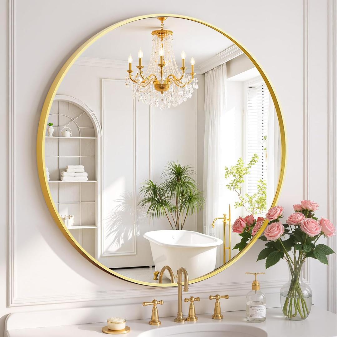 Round Wall Mirror 30 Inch Gold Vanity Mirror with Metal Frame, Modern Circle for Bathroom, Entryway, Bedroom, Living Room, Wall Mounted Decorative Mirrors