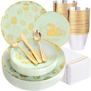 Festiva 175Pcs Easter Plates and Napkins Disposable - Green and Gold Plastic Dinnerware Set for 50 guests include 50 Plates 25Cups 25Plastic Silverware 25Napkins Perfect for Easter Party (Bunny)