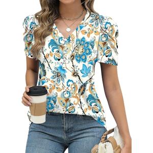 LOMON Womens Puff Short Sleeve Shirt Summer Tops V Neck Casual T Shirts Loose Fit Blouses (S)