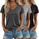 Ficerd 3 Pack Women's V Neck T Shirts, Cotton Summer Casual Short Sleeve Tops Loose Fit Rolled Sleeve Tees 2025 Trendy Shirts (Medium, Black, Light Gray, Dark Gray)
