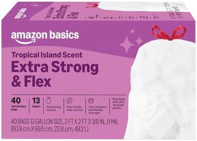 Amazon Basics Extra Strong & Flex Tall Kitchen Drawstring Trash Bags, Tropical Island Scent, 13 Gallon, 40 Count, 2 Pack