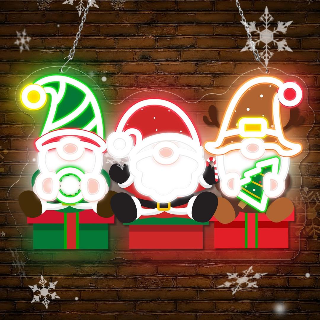 shellspace Christmas Gnome Neon Sign, Cartoon Christmas Neon Light Sign, LED Video Neon Sign for Wall Light Up Signs for Bedroom Home Party Neon Wall Light Decor Xmas Gift