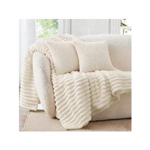 BEDELITE Fleece Throw Blanket for Couch - 300GSM Soft & Warm Fluffy Cream White Blanket, Decorative and Giftable Striped Blankets for Women, Men, 50"x60"