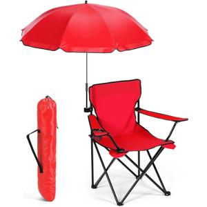 Yuntau 1 Set Beach Chair with Umbrella Foldable Camping Chair Fold up Umbrella with Universal Clamp Large Portable for Outdoors Fishing Camping Hiking Travel Picnic Beach(Red,Classic)