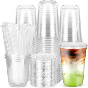 100PCS 16 oz Disposable Plastic Cups with Flat Lids and Clear Straws, Round Bottom To Go Iced Coffee Cups, BPA Free Holiday Cups for Smoothies, Cold Drinks, Coffee Shop, Juice Bars, Takeout, Office