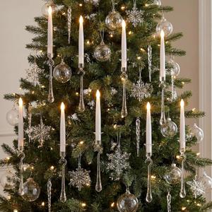 Christmas Tree Candles with Remote Timer Real Glass Icicle Ornaments - 12 Pack Flameless Flickering Battery Operated Candles Lights for Xmas Tree Decoration Taper LED Candlestick with Glass Hook