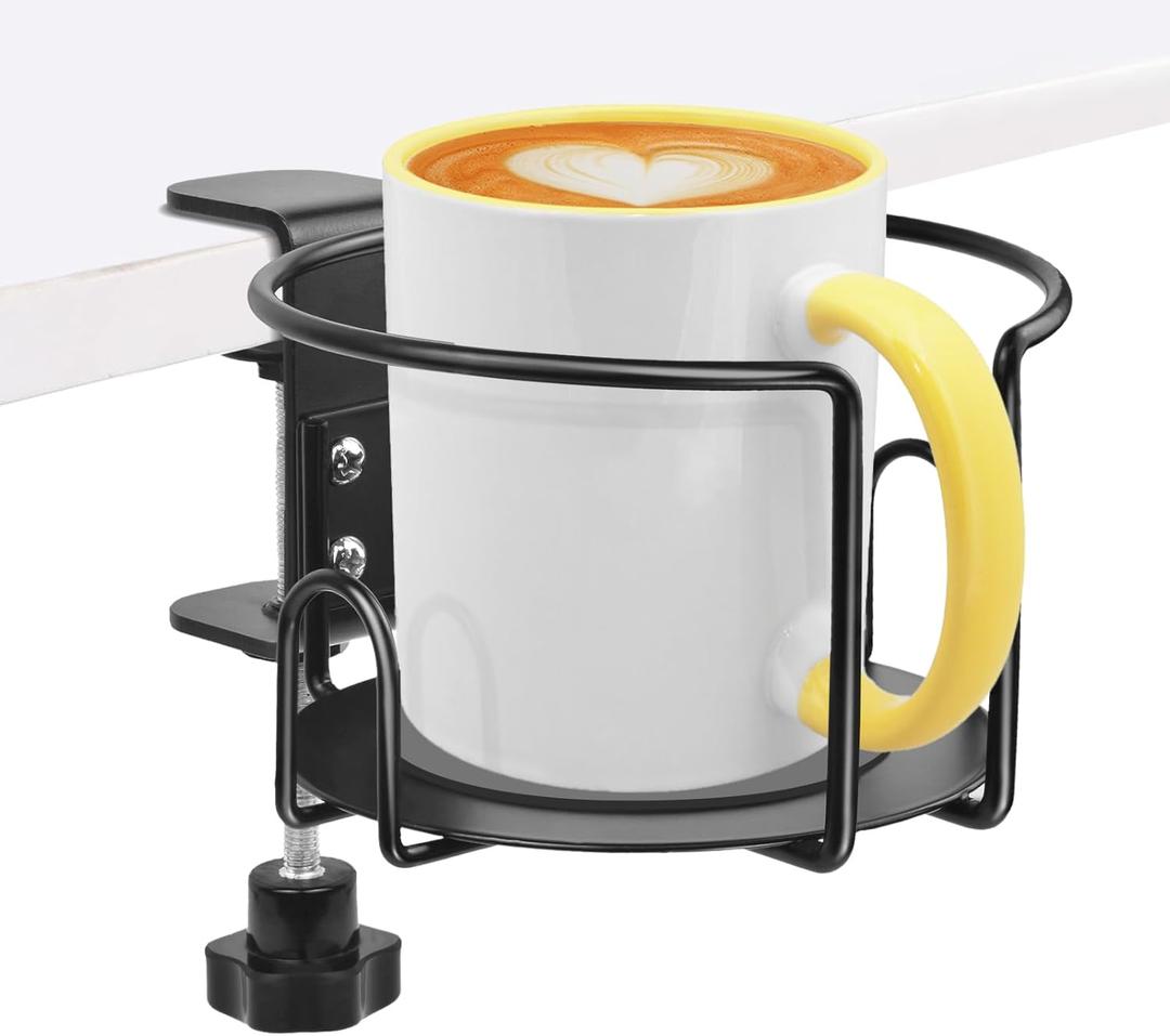 Hayder Large Desk Cup Holder Clamp, Metal Anti-Spill Table Cup Holder, Office & PC Gaming Desk Accessories, Compatible with Universal Cup Bottle Mug (Clip On)