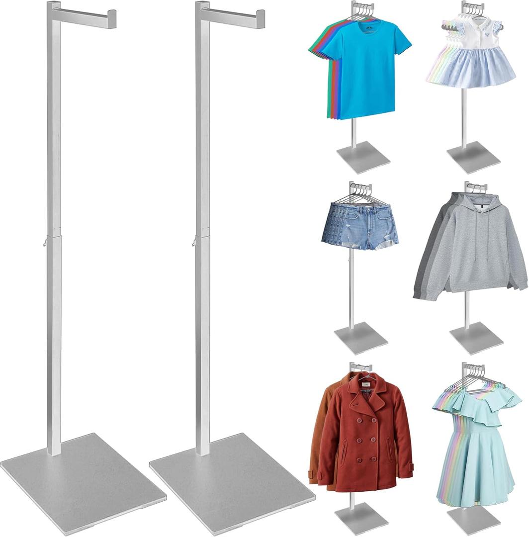2 Pack Clothes Hanging Rack, Adjustable Clothing Rack Heavy Duty, Metal Clothes Rack, Garment Display Stand for Thrift Shops and Retail Store, Silver, 2Pcs