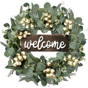 Sggvecsy Green Artificial Eucalyptus Wreath with Welcome Sign 20in Spring Summer Wreath with White Berries for Front Door Wall Window Festival Porch Farmhouse Patio Garden Decor (1 piece)