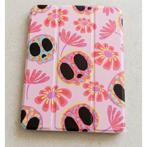 Mektron Printed Case for iPad mini 7 (A17 Pro) 2024/ Mini 6 2021, iPad mini 7th/6th Generation 8.3-inch Liquid Retina Display Cover, Buit in Pencil Holder with Clear Back Shell, Skull & Flowers Pink